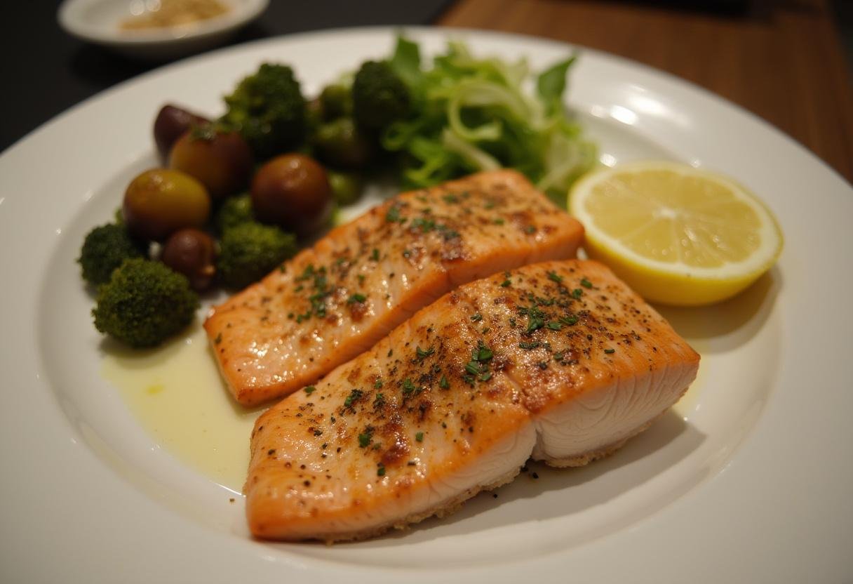Saumon cuit joliment présenté avec des légumes vapeur et un quartier de citron, mettant en avant la marinade savoureuse pour saumon.