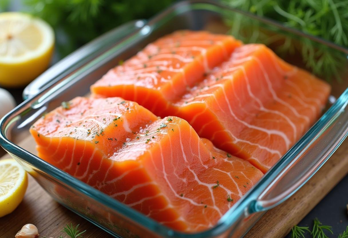 Saumon frais dans un plat en verre avec des herbes et des épices pour une marinade savoureuse pour saumon.