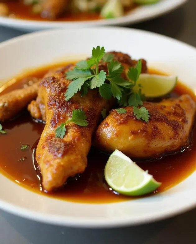 Plat final de poulet mariné au curry, joliment présenté avec une sauce brune riche, garni de tranches de citron vert et d'herbes fraîches.