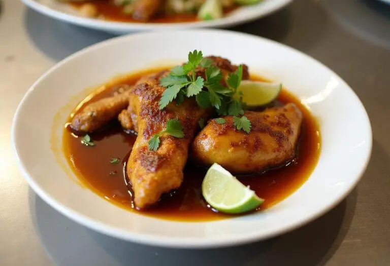 Plat final de poulet mariné au curry, joliment présenté avec une sauce brune riche, garni de tranches de citron vert et d'herbes fraîches.