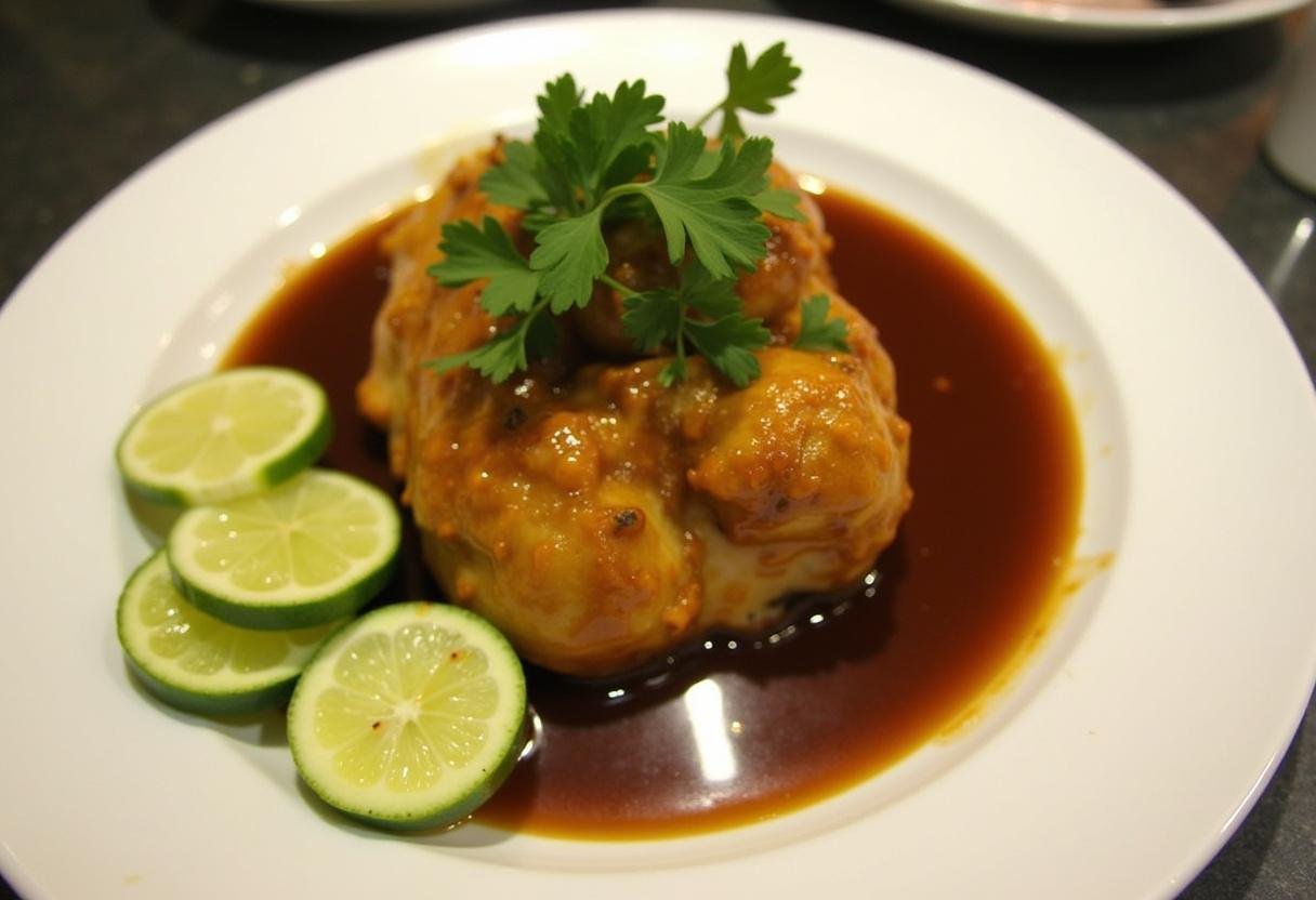 Plat final de poulet mariné au curry, joliment présenté avec une sauce brune riche, garni de tranches de citron vert et d'herbes fraîches.