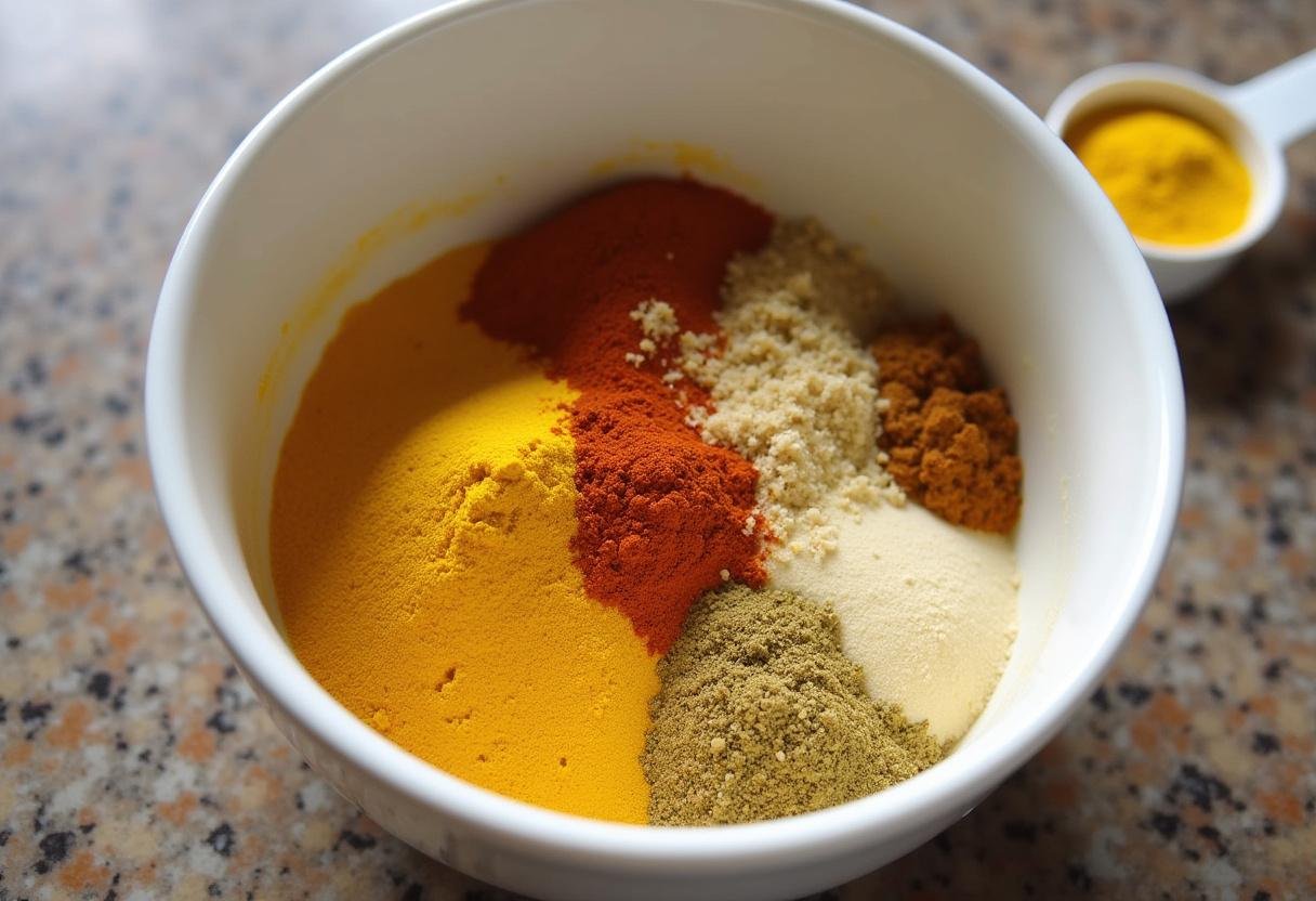 Épices mélangées pour la marinade au curry poulet, comprenant de la poudre de curry, de la poudre d'ail et du gingembre dans un bol sur un plan de travail.