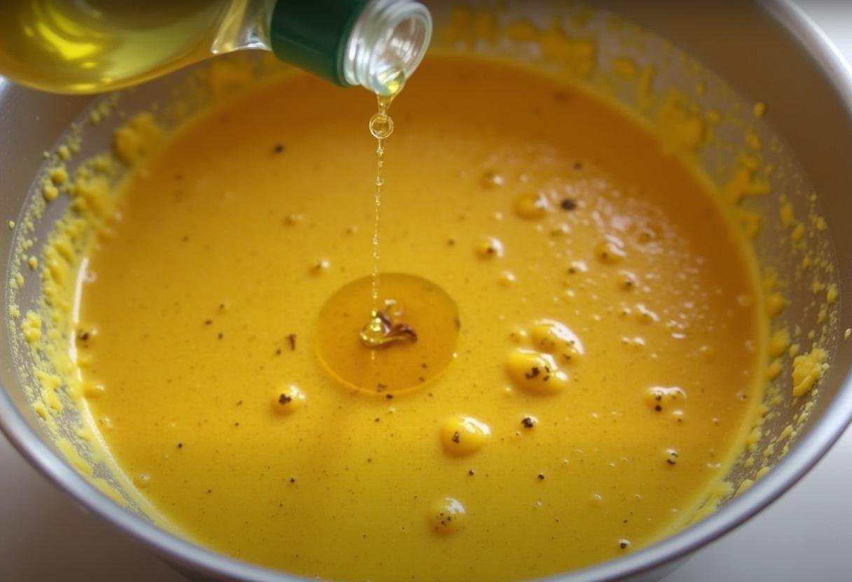 Huile d'olive ajoutée à la marinade pour poulet au curry, créant une pâte jaune vibrante qui accroît l'attrait visuel.