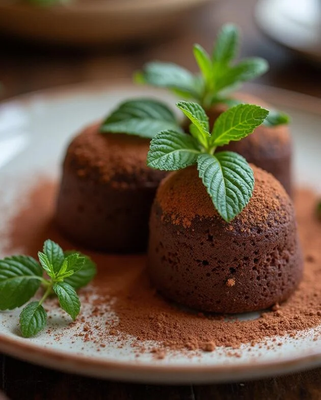 Une assiette élégamment présentée de mini charlottes poire-chocolat, ornée de feuilles de menthe fraîche et de poudre de cacao, représentant délicieusement cette recette.