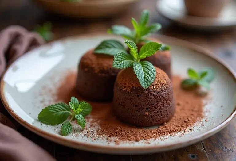 Une assiette élégamment présentée de mini charlottes poire-chocolat, ornée de feuilles de menthe fraîche et de poudre de cacao, représentant délicieusement cette recette.