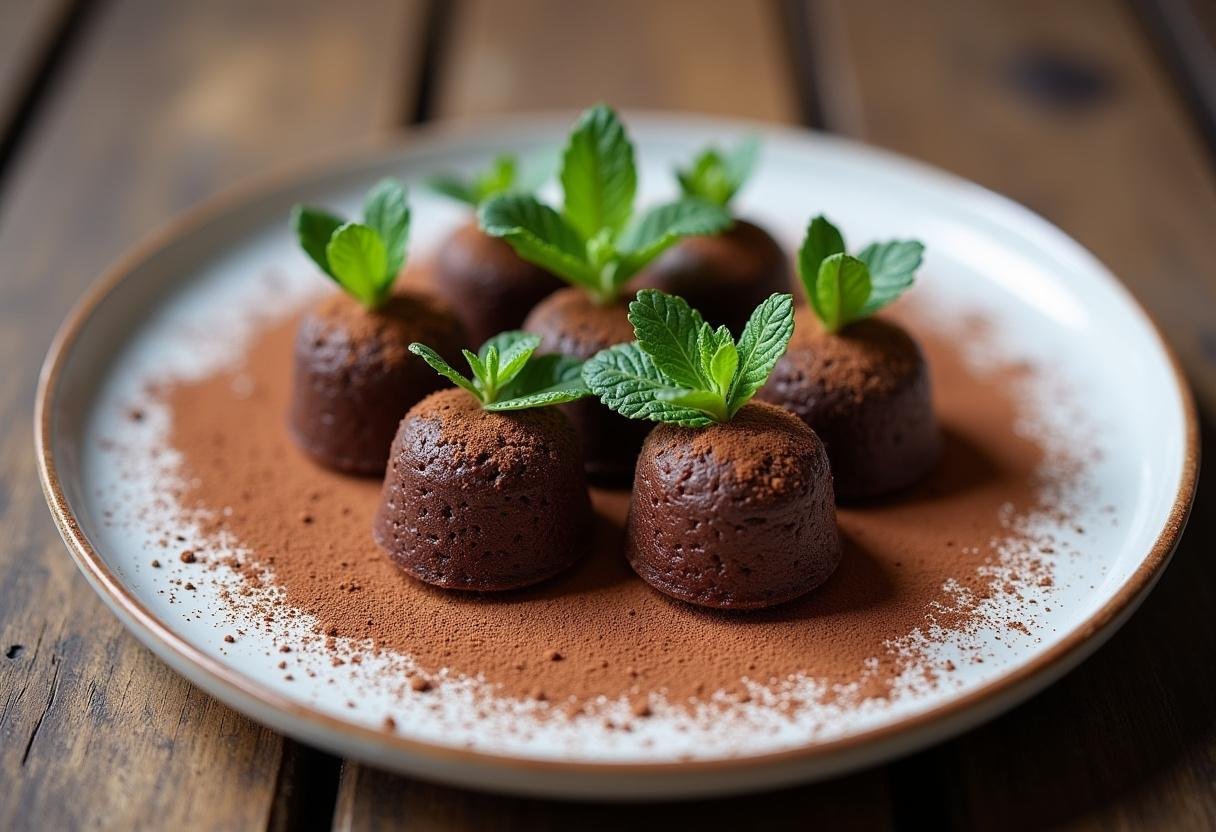 Une assiette élégamment présentée de mini charlottes poire-chocolat, ornée de feuilles de menthe fraîche et de poudre de cacao, représentant délicieusement cette recette.