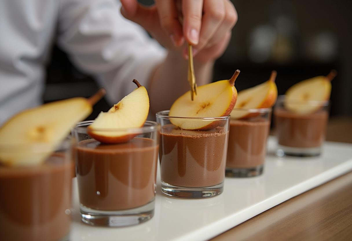 Une mise au point sur un chef superposant la préparation de chocolat et des tranches de poires pochées dans des verres, mettant en avant la création de mini charlottes poire-chocolat.