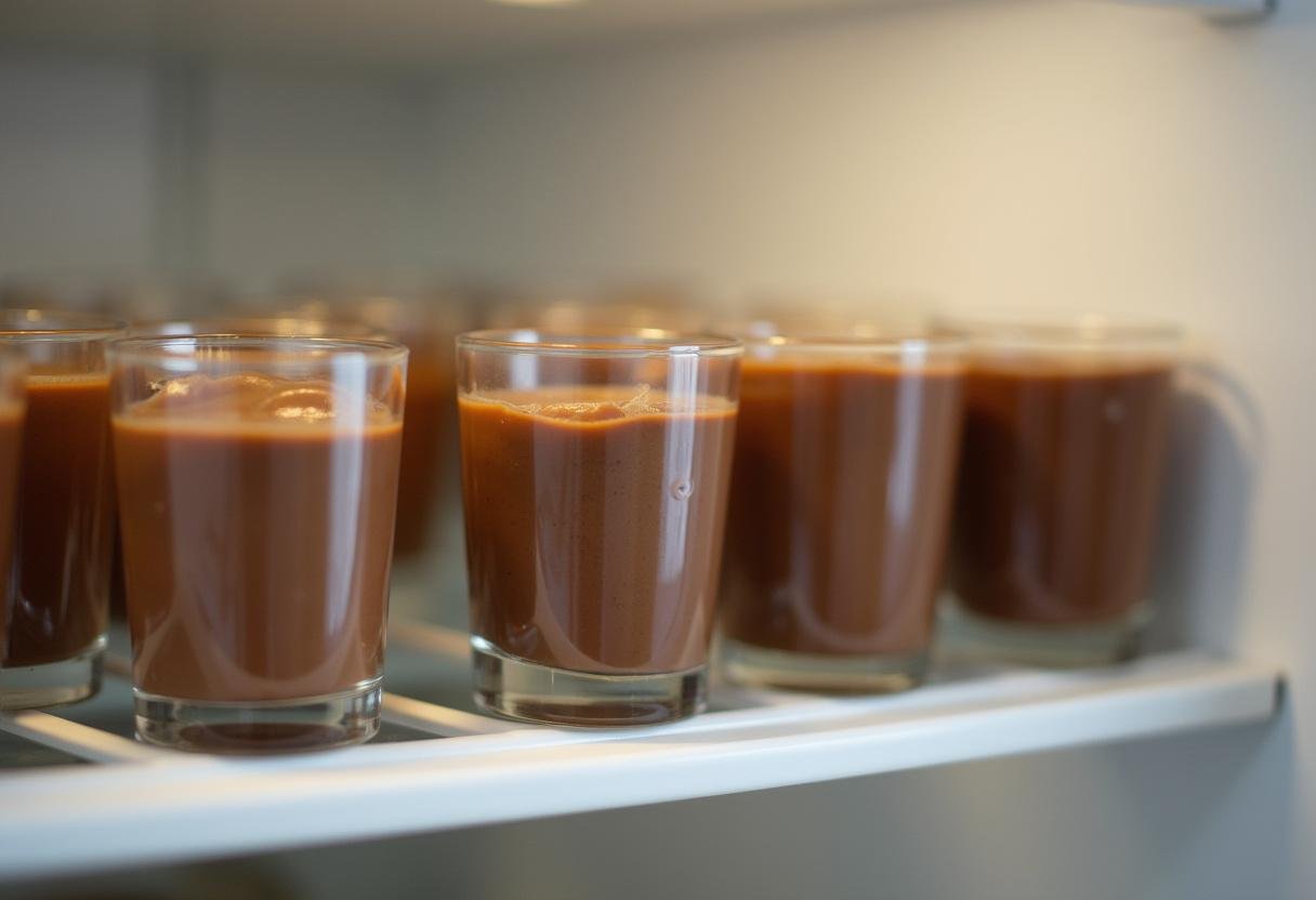 Des mini charlottes poire-chocolat reposant au réfrigérateur, illustrant le processus de refroidissement avant de servir ces délicieuses douceurs.