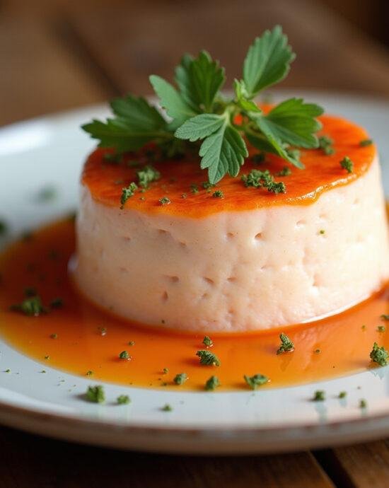 Présentation finale de mousse de saumon avec des herbes fraîches sur une planche en bois.