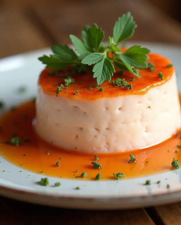 Présentation finale de mousse de saumon avec des herbes fraîches sur une planche en bois.