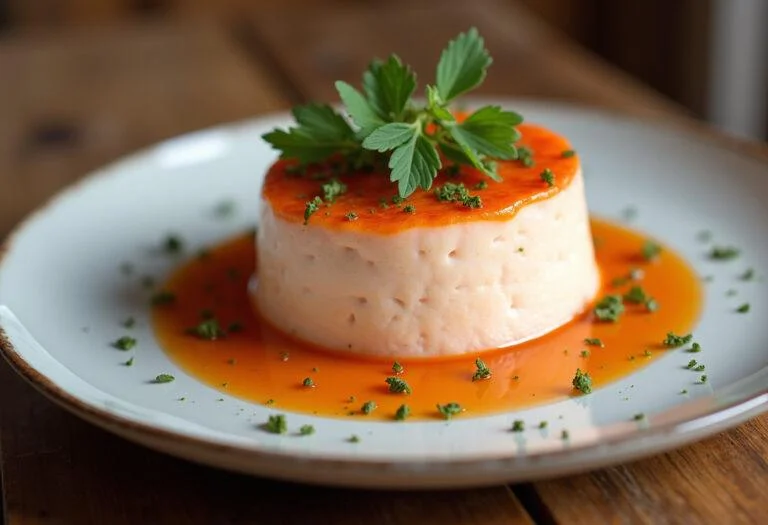 Présentation finale de mousse de saumon avec des herbes fraßches sur une planche en bois.