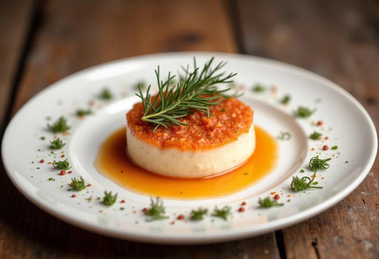 Présentation finale de mousse de saumon avec des herbes fraßches sur une planche en bois.