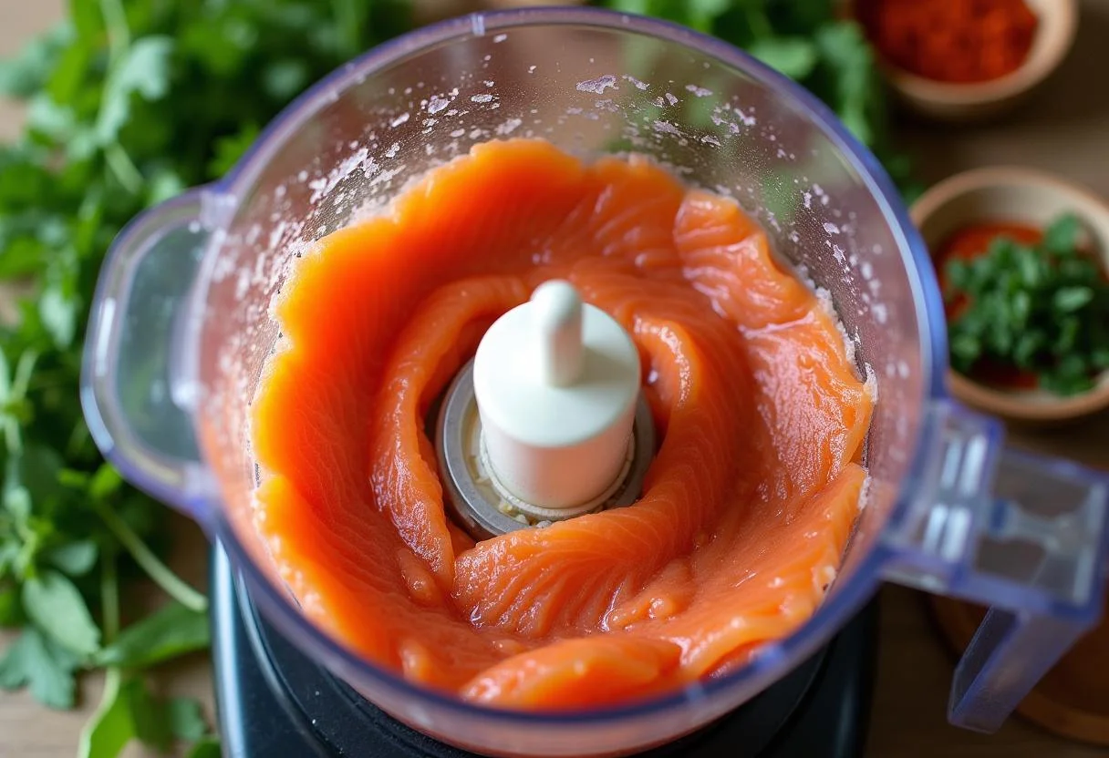Préparation de la mousse de saumon avec du saumon frais dans un mixeur.