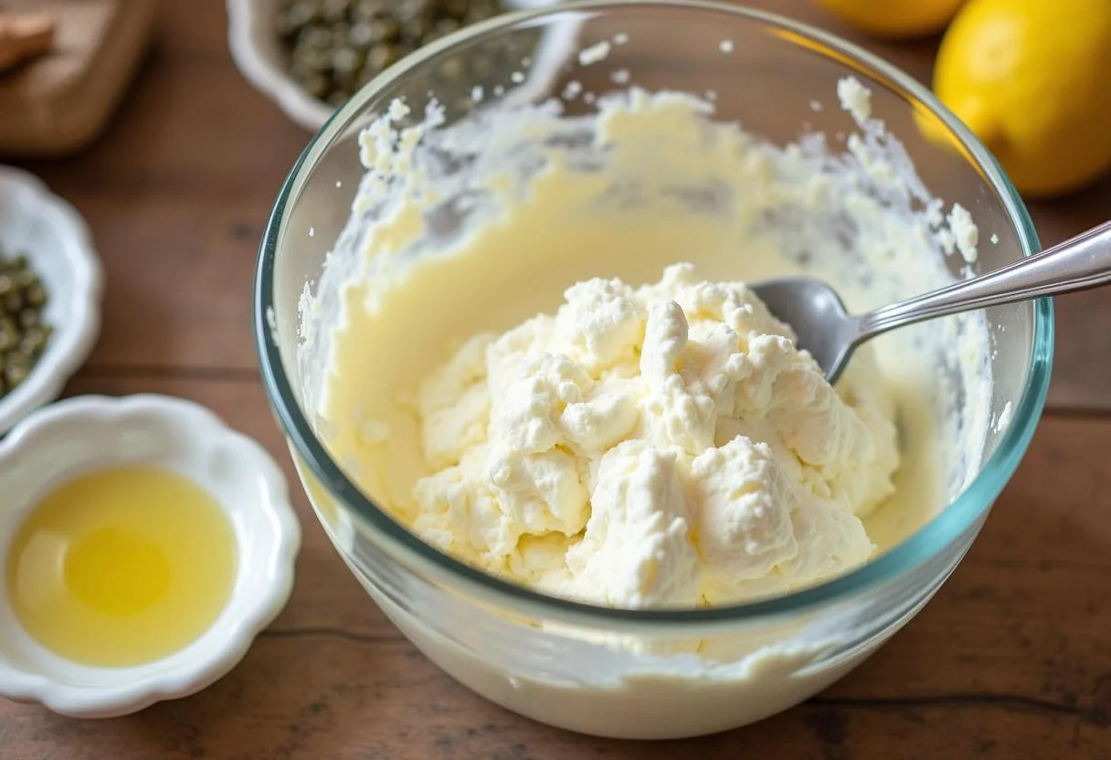 Fromage Ă la crĂšme prĂȘt Ă ĂȘtre mĂ©langĂ© pour une mousse de saumon dĂ©licieuse.