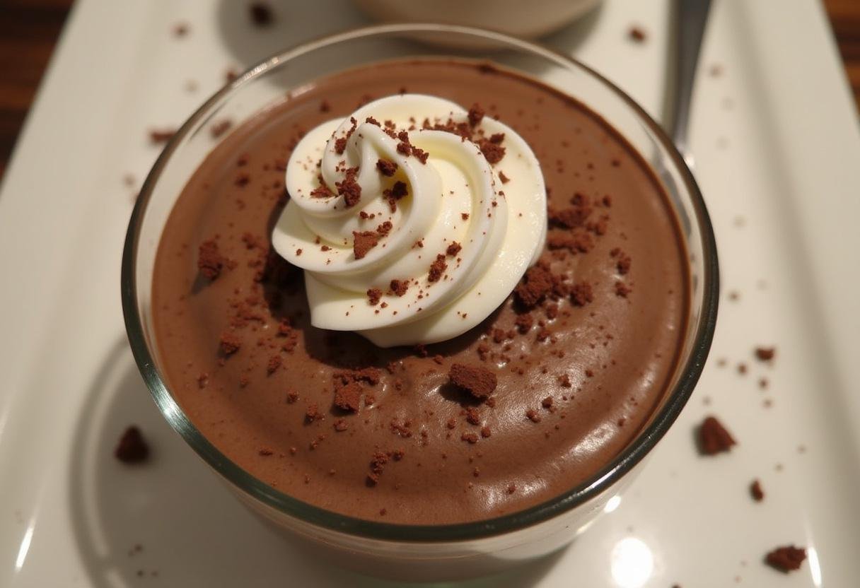 Déguster une mousse au chocolat 2 ingrédients présentée avec de la crÚme fouettée et des copeaux de chocolat.