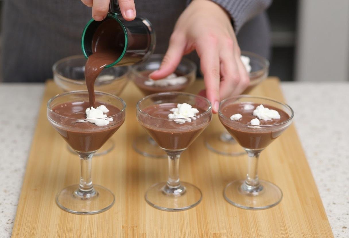 Verser le mélange de chocolat dans des verres pour une présentation esthétique de la mousse au chocolat 2 ingrédients.
