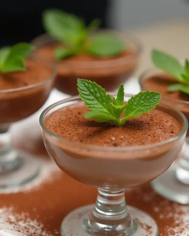 Servir la mousse au chocolat dans des coupes élégantes, garnie d'une pincée de cacao en poudre et d'une feuille de menthe sur le dessus.