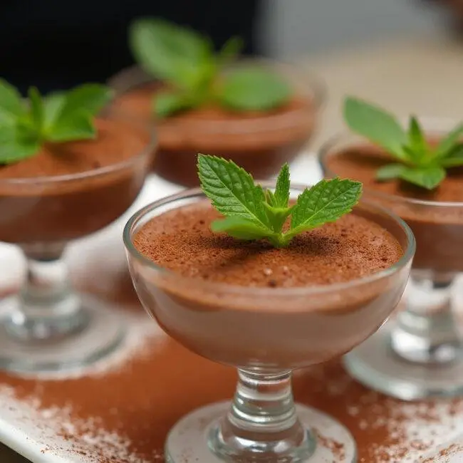 Servir la mousse au chocolat dans des coupes élégantes, garnie d'une pincée de cacao en poudre et d'une feuille de menthe sur le dessus.