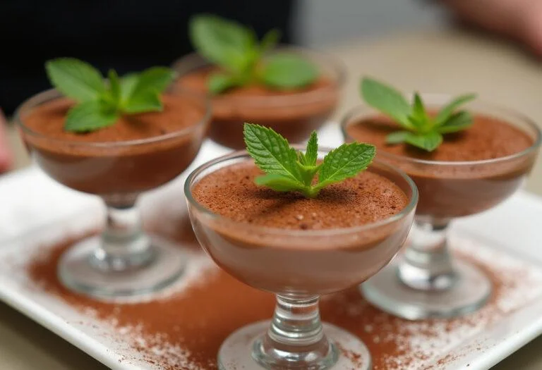 Servir la mousse au chocolat dans des coupes élégantes, garnie d'une pincée de cacao en poudre et d'une feuille de menthe sur le dessus.