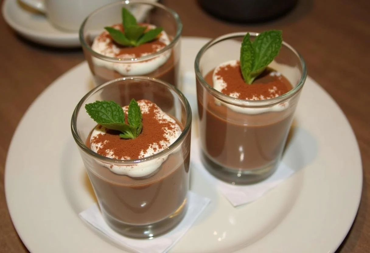 Servir la mousse au chocolat dans des coupes élégantes, garnie d'une pincée de cacao en poudre et d'une feuille de menthe sur le dessus.
