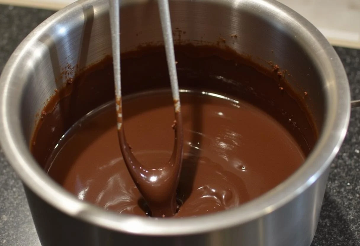 Faire fondre du chocolat noir dans un bol résistant à la chaleur sur une casserole d'eau frémissante, en remuant jusqu'à obtenir une texture lisse et brillante.