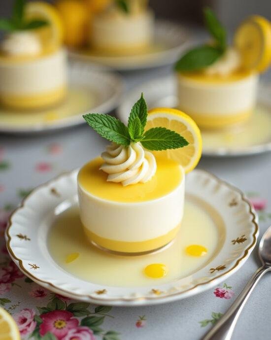 Mousse au citron et mascarpone onctueuse présentée de manière raffinée, mettant en valeur son apparence délicieuse et attrayante.