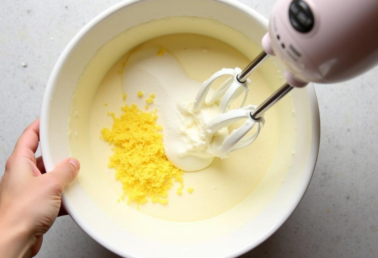 Mélange des ingrédients de la mousse au citron et mascarpone, présentation réaliste d'une préparation onctueuse.