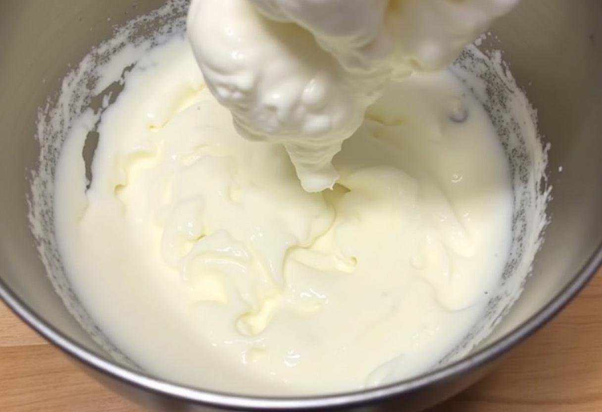 Incorporation de la crème fouettée dans la mousse au citron et mascarpone, étape permettant d'obtenir une texture aérienne.