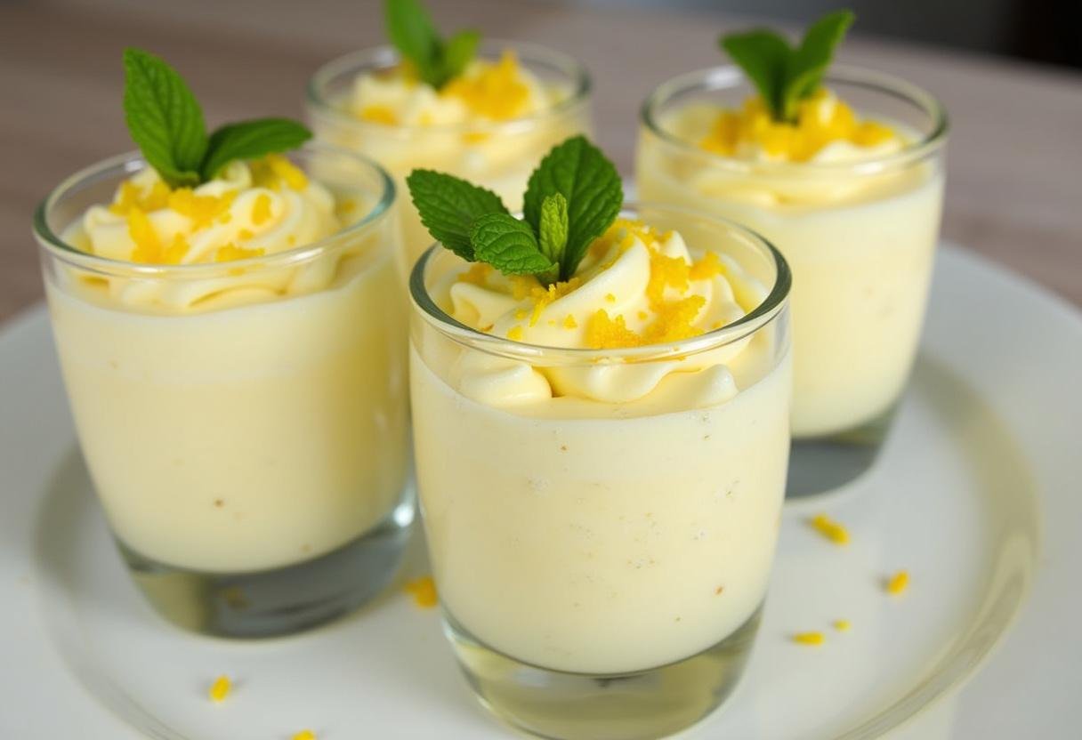 Verres individuels remplis de mousse au citron et mascarpone, mise en place avant réfrigération pour une présentation raffinée.