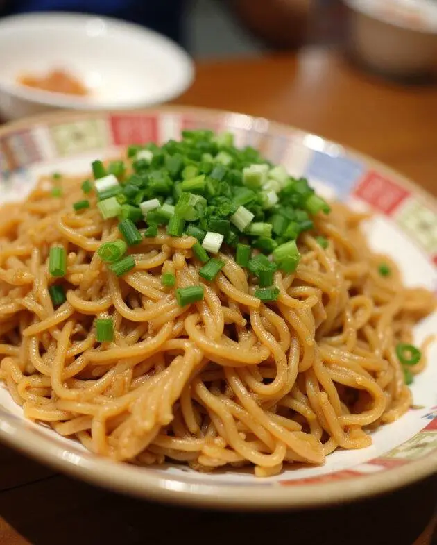 Nouilles sautées au poulet servies dans un bol, garnies d'oignons verts et de graines de sésame.
