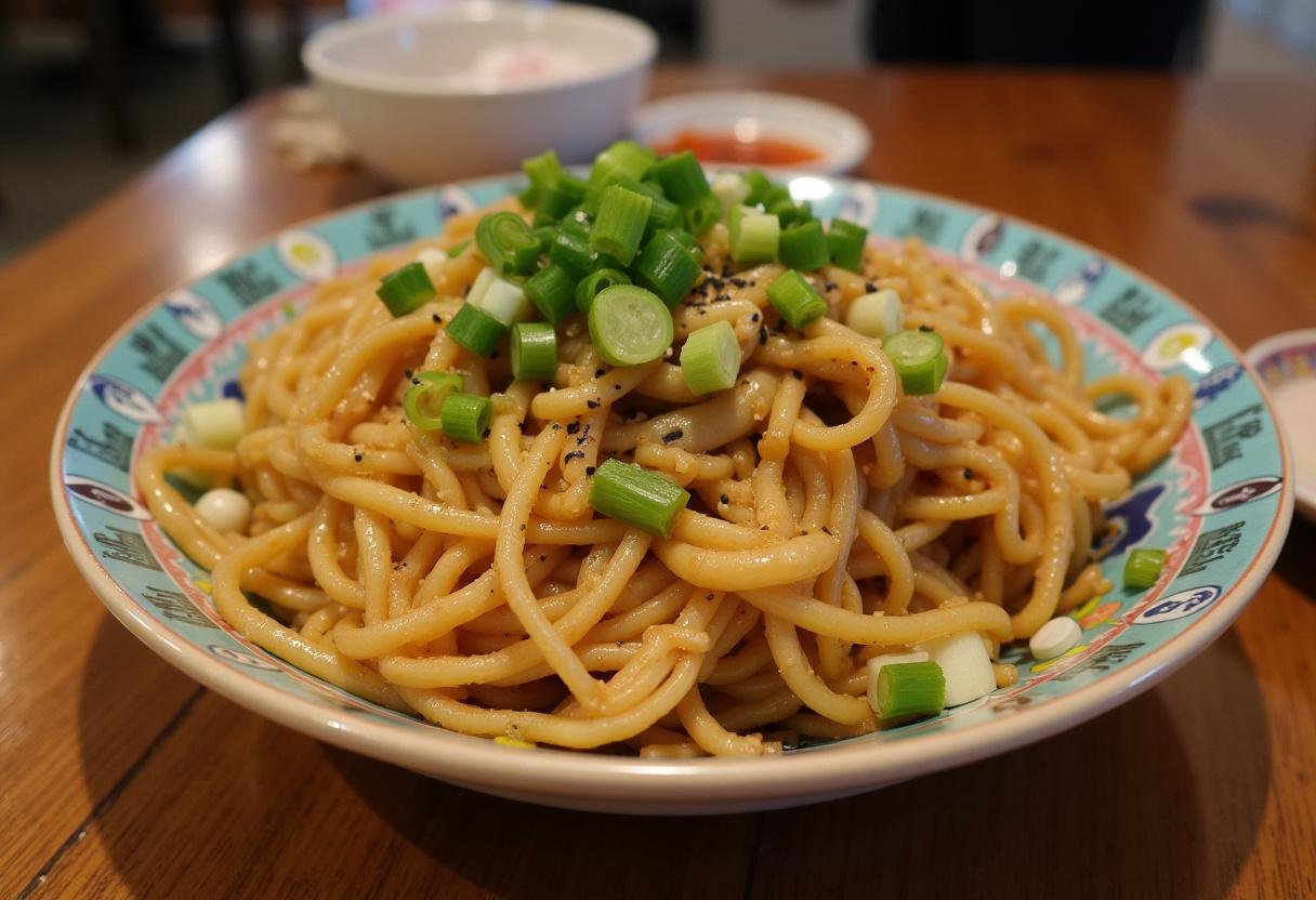 Nouilles sautées au poulet servies dans un bol, garnies d'oignons verts et de graines de sésame.