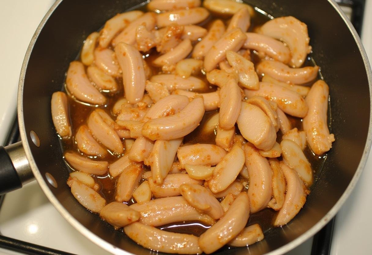 Marinade de poulet avec sauce soja, ail et gingembre pour des nouilles sautées au poulet.