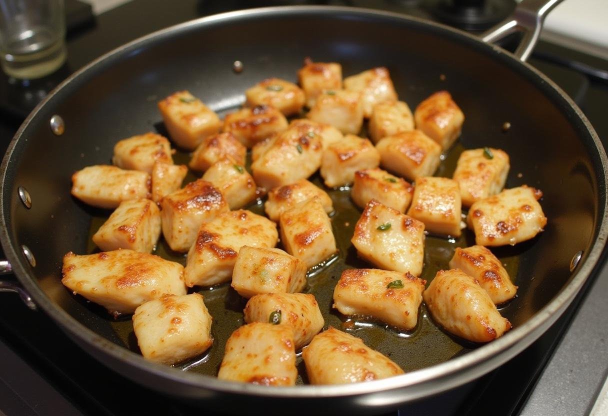 Cuisson du poulet mariné dans une grande poêle pour des nouilles sautées au poulet délicieuses.