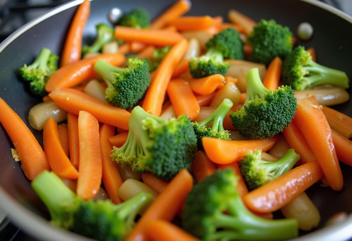 Ajout de poivrons, carottes et brocoli pour des nouilles sautées au poulet colorées et croustillantes.