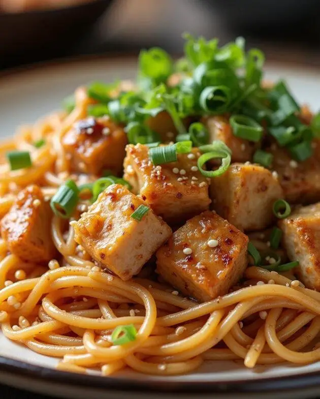 Présentation appétissante de nouilles sautées au poulet asiatique, accompagnées de graines de sésame et d'oignons verts.