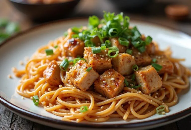 Présentation appétissante de nouilles sautées au poulet asiatique, accompagnées de graines de sésame et d'oignons verts.