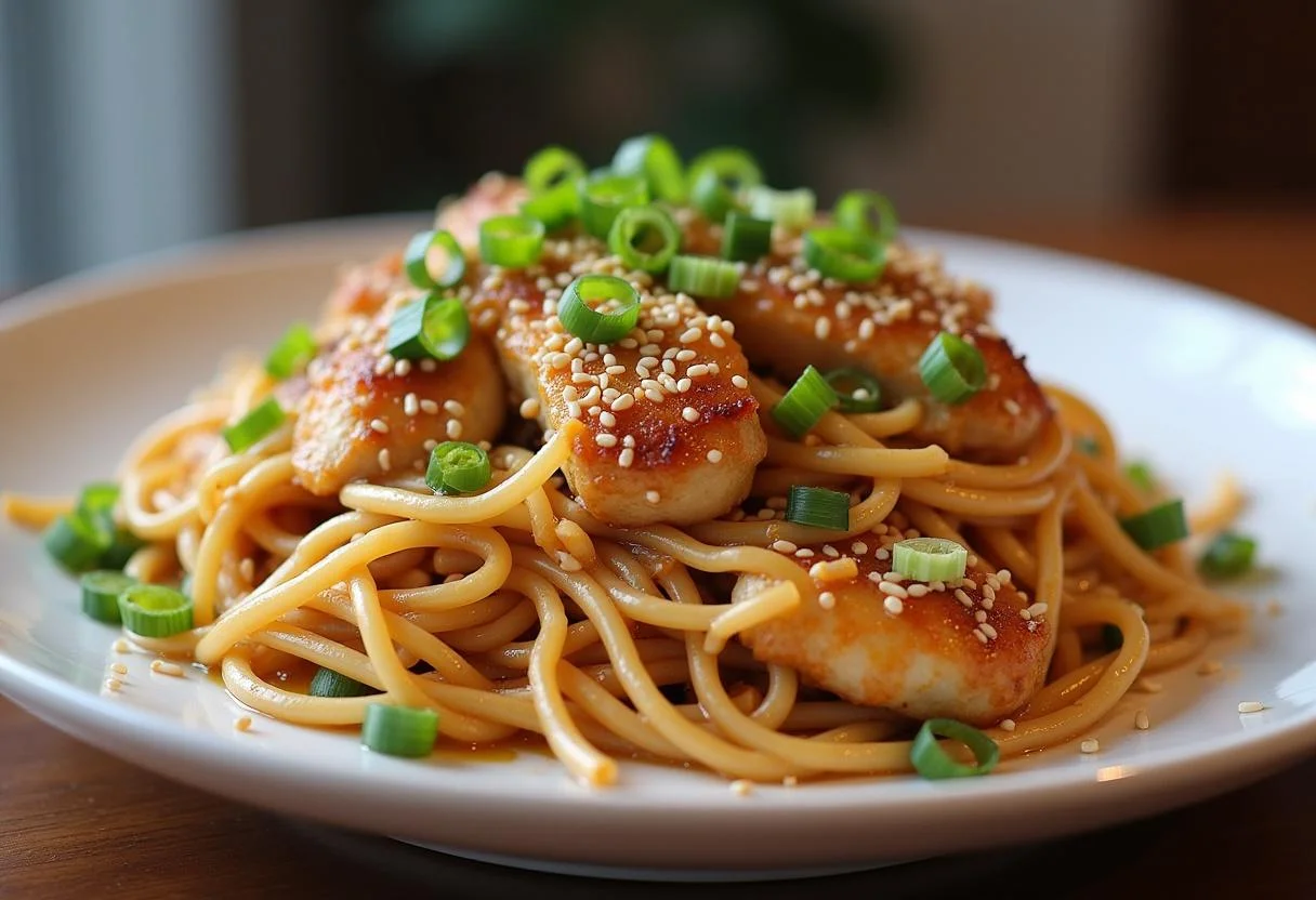 Présentation appétissante de nouilles sautées au poulet asiatique, accompagnées de graines de sésame et d'oignons verts.