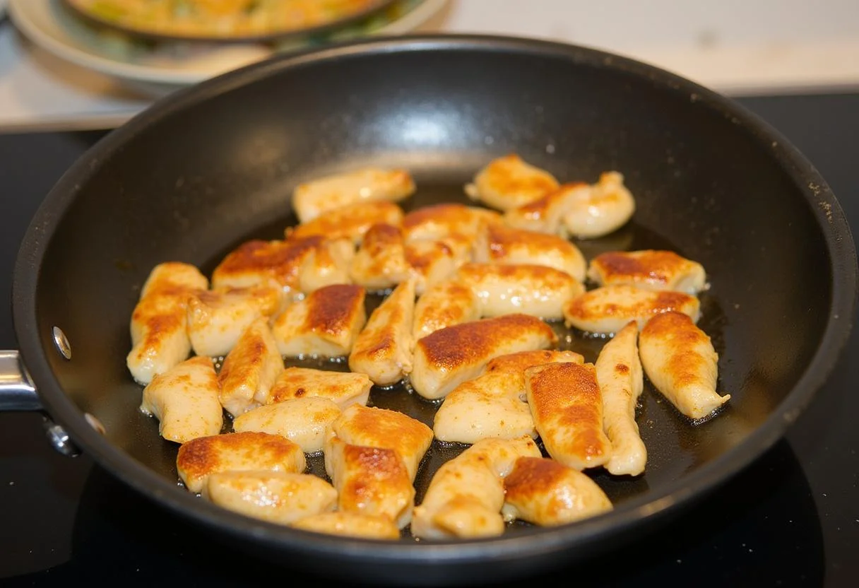 Désactivation du poulet doré dans une grande poêle en acier inoxydable avec de l'huile végétale pour des nouilles sautées au poulet.