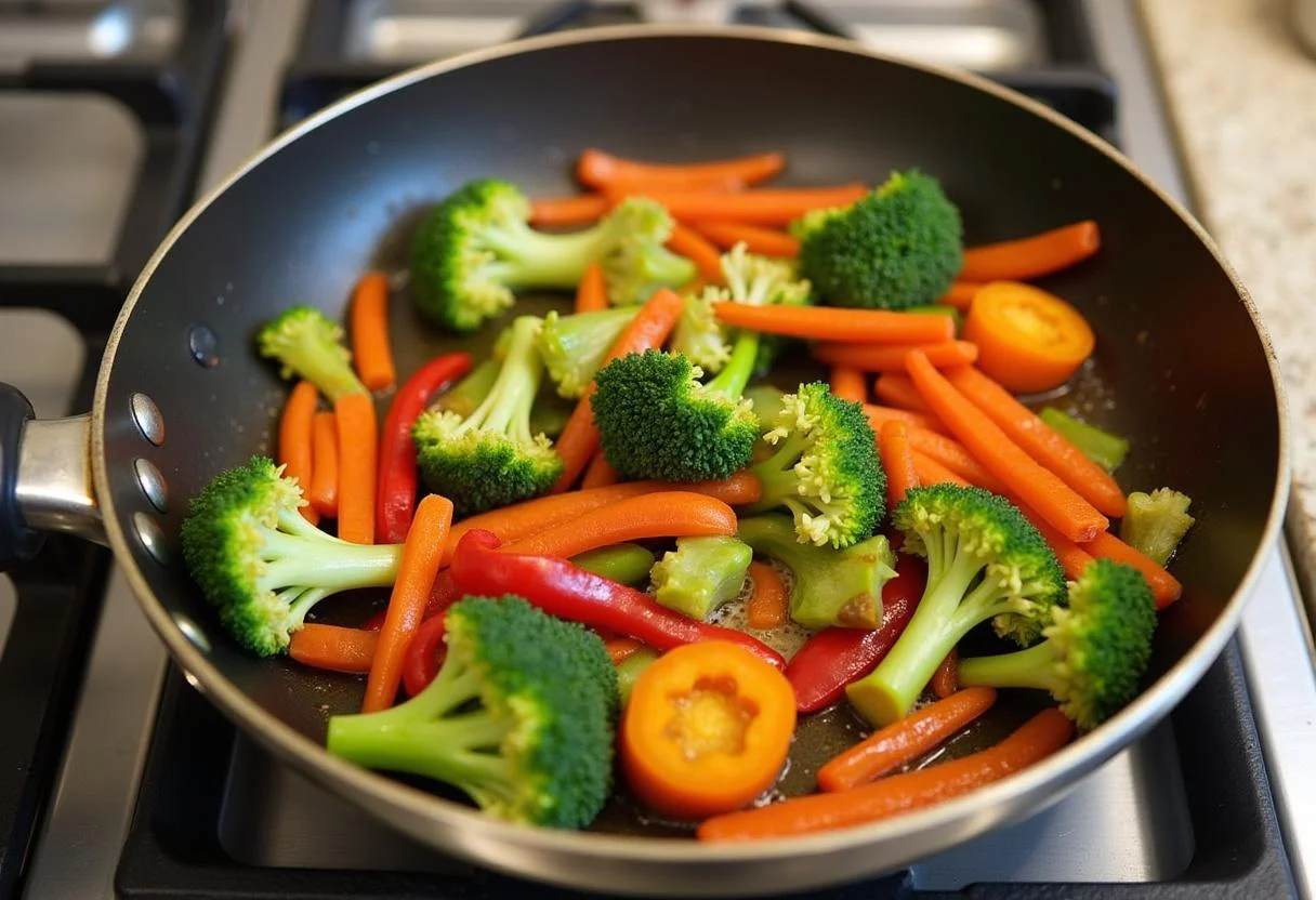 Ajout de légumes frais colorés dans la poêle, comme des poivrons, des brocolis et des carottes pour des nouilles sautées poulet.