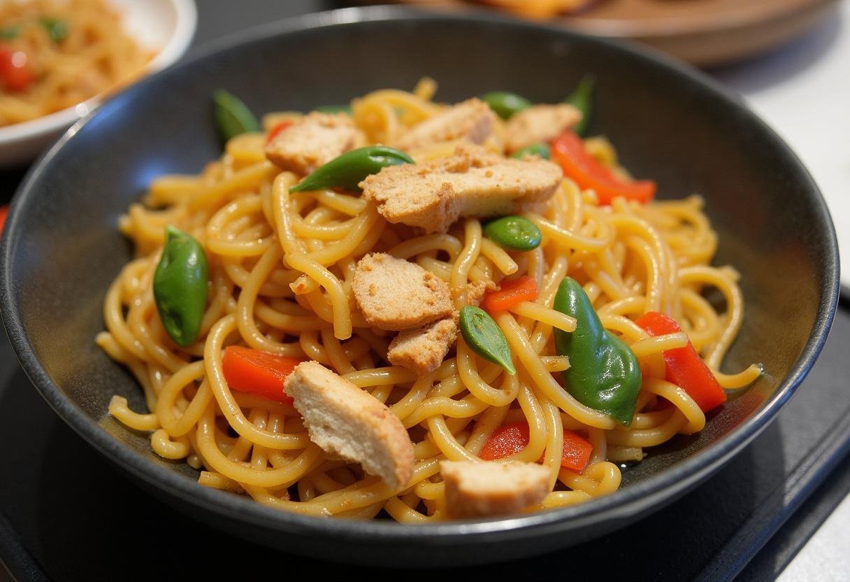 Présentation finale des nouilles sautées au poulet dans un bol, mettant en valeur la combinaison colorée de poulet, légumes et nouilles.
