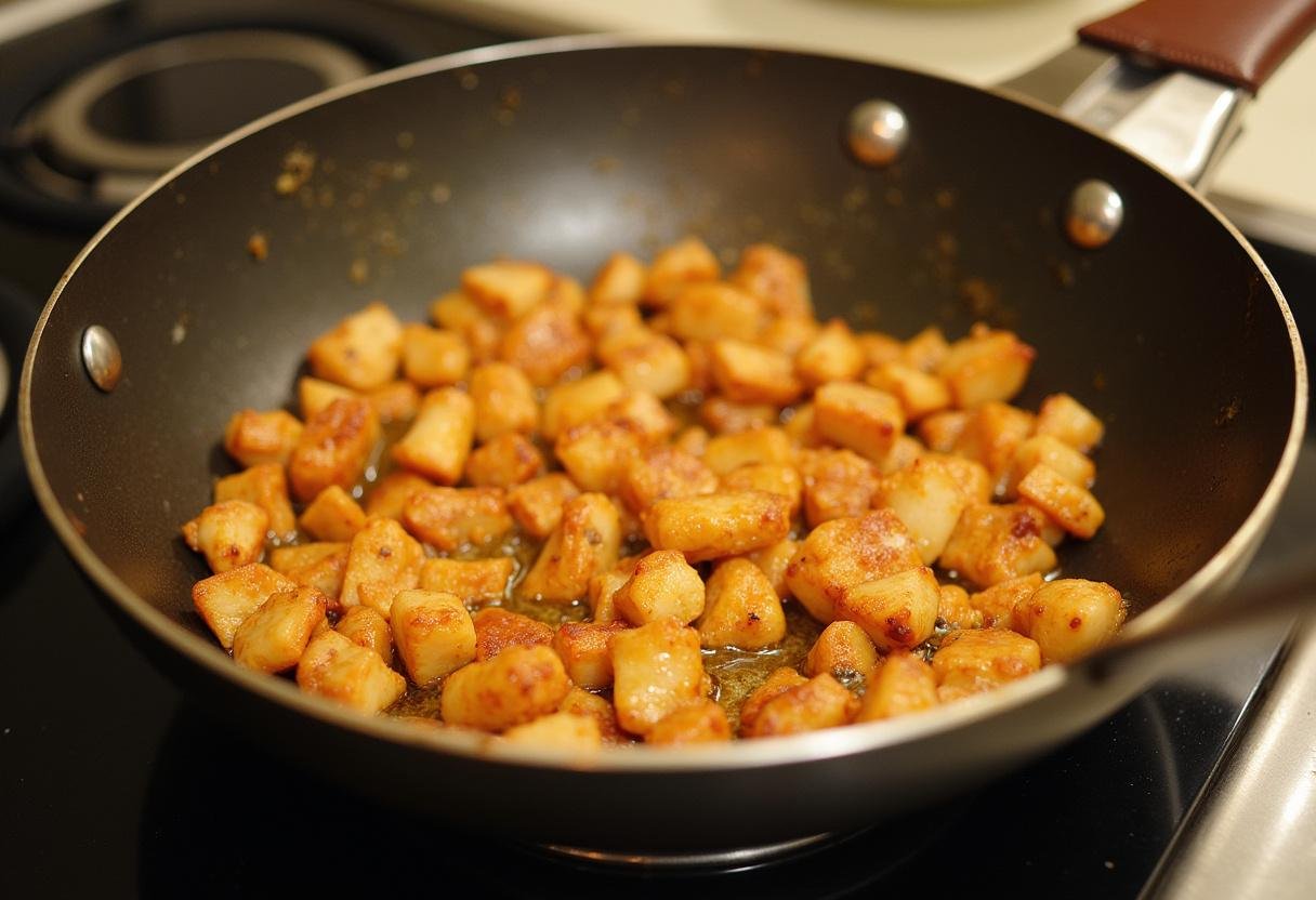 PrĂ©paration du poulet dans un wok pour des nouilles sautĂ©es au poulet, montrant des morceaux de poulet dorĂ©s dans une poĂȘle chaude.
