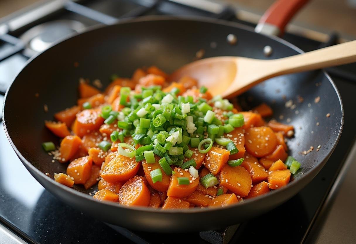 Finition du plat de nouilles sautĂ©es au poulet avec des oignons verts et des graines de sĂ©same sur un wok, prĂȘt Ă servir.