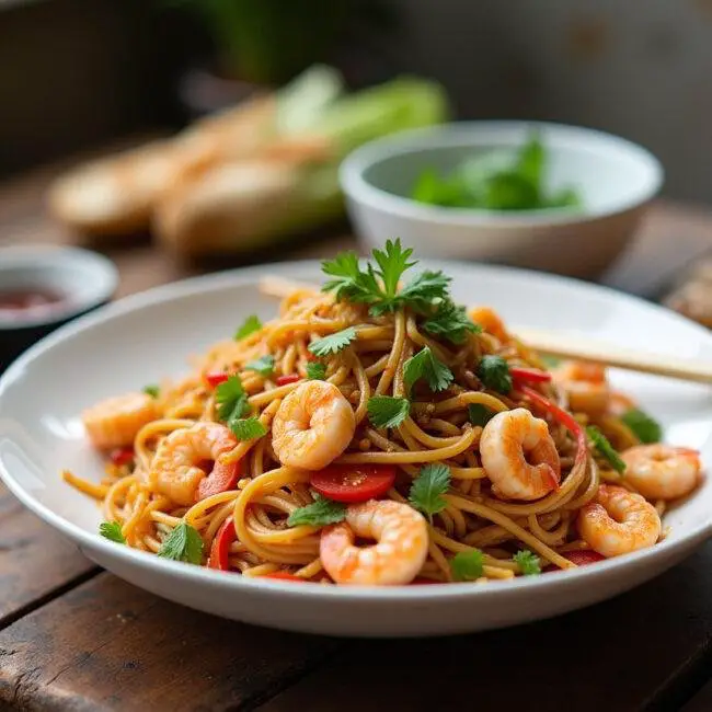 Un plat de nouilles de riz sautées aux crevettes et légumes, joliment présenté, garni d'herbes fraîches.