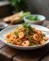 Un plat de nouilles de riz sautées aux crevettes et légumes, joliment présenté, garni d'herbes fraîches.