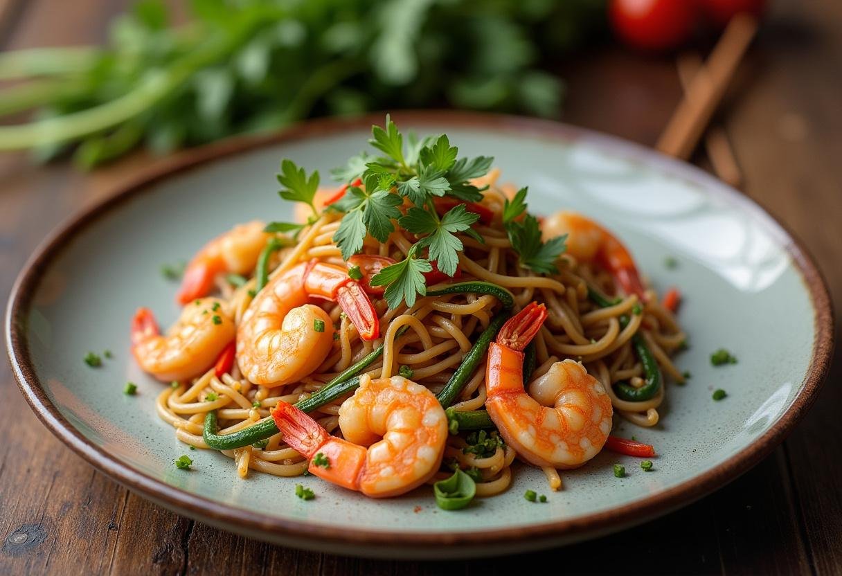 Un plat de nouilles de riz sautées aux crevettes et légumes, joliment présenté, garni d'herbes fraîches.