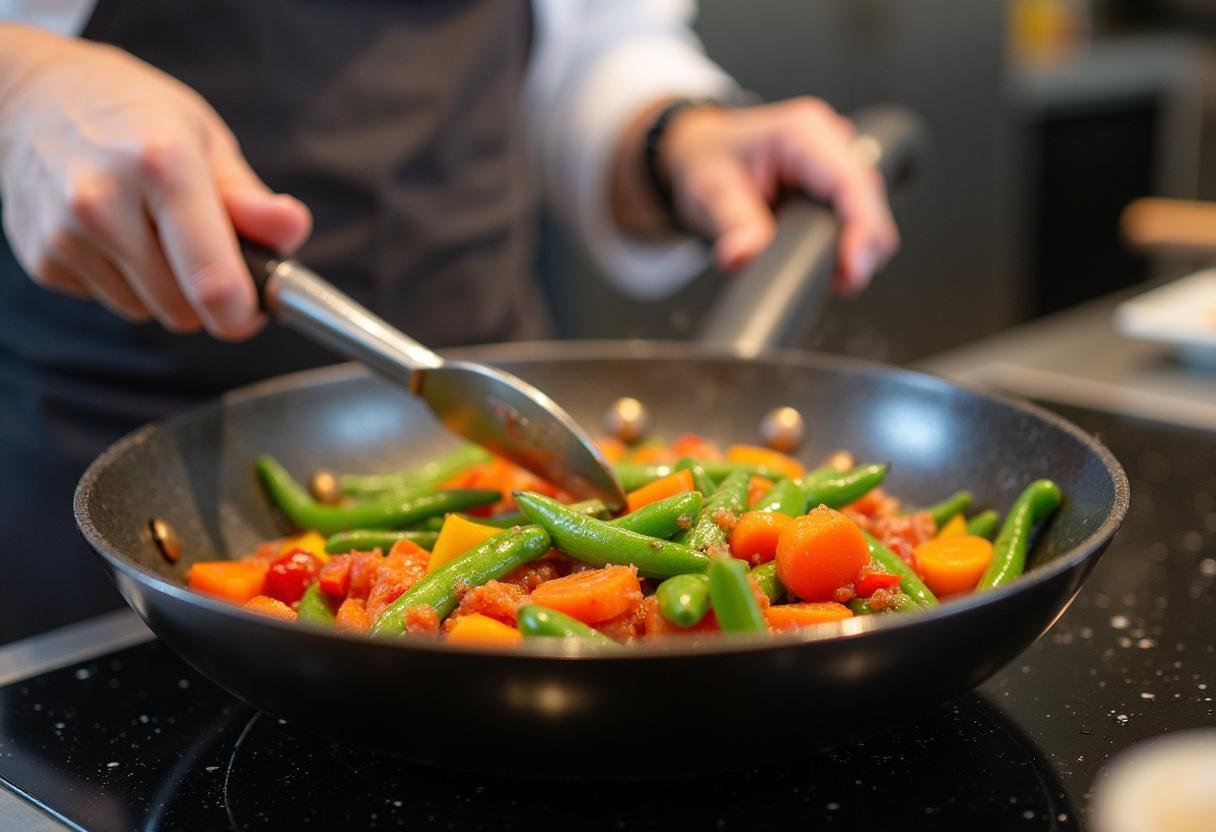 Une chef fait sauter des légumes colorés comme des poivrons, des carottes et des pois croquants dans une grande poêle, préparant une base de nouilles de riz.
