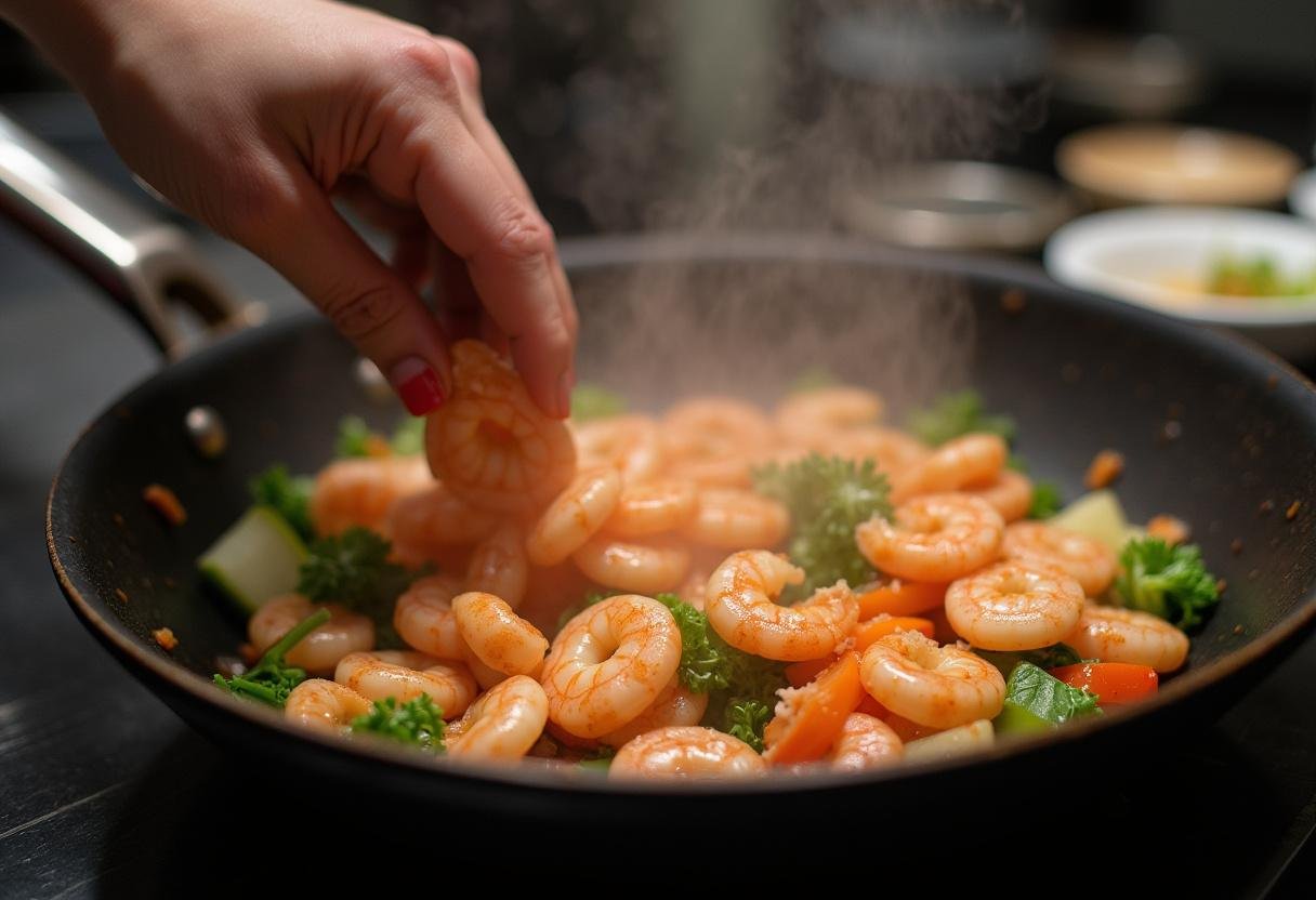 Un chef ajoute des crevettes crues dans la poêle chaude, mélangeant avec les légumes, les crevettes commencent à devenir roses, pour des nouilles de riz sautées.