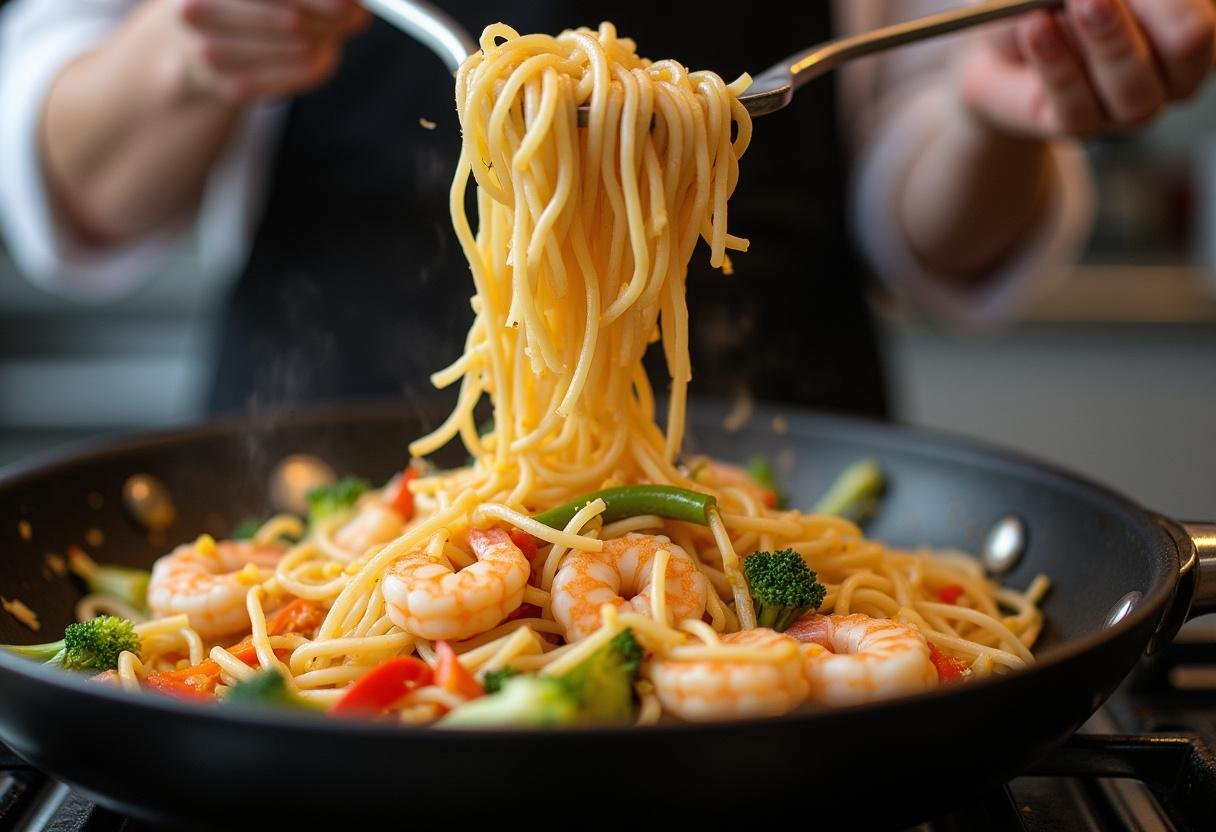 Un chef verse des nouilles de riz cuites dans la poêle, les mélangeant avec les crevettes et les légumes, créant une délicieuse recette de nouilles de riz.