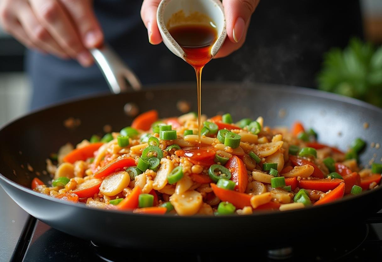 Un chef arrose de sauce soja sur le sauté, rehaussant la saveur des nouilles de riz sautées aux légumes.