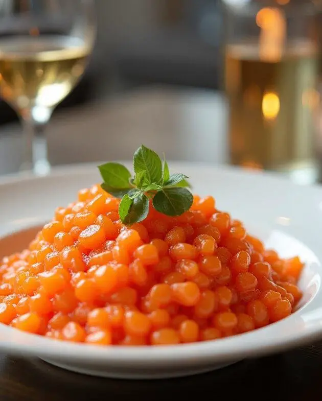 Une présentation impressionnante du plat final d'oeufs de saumon, dressé avec élégance sur une table, montrant la recette d'oeuf de saumon délicat.